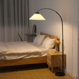 modern-arched-floor-lamp-with-pleated-white-shade-and-matte-black-metal-frame