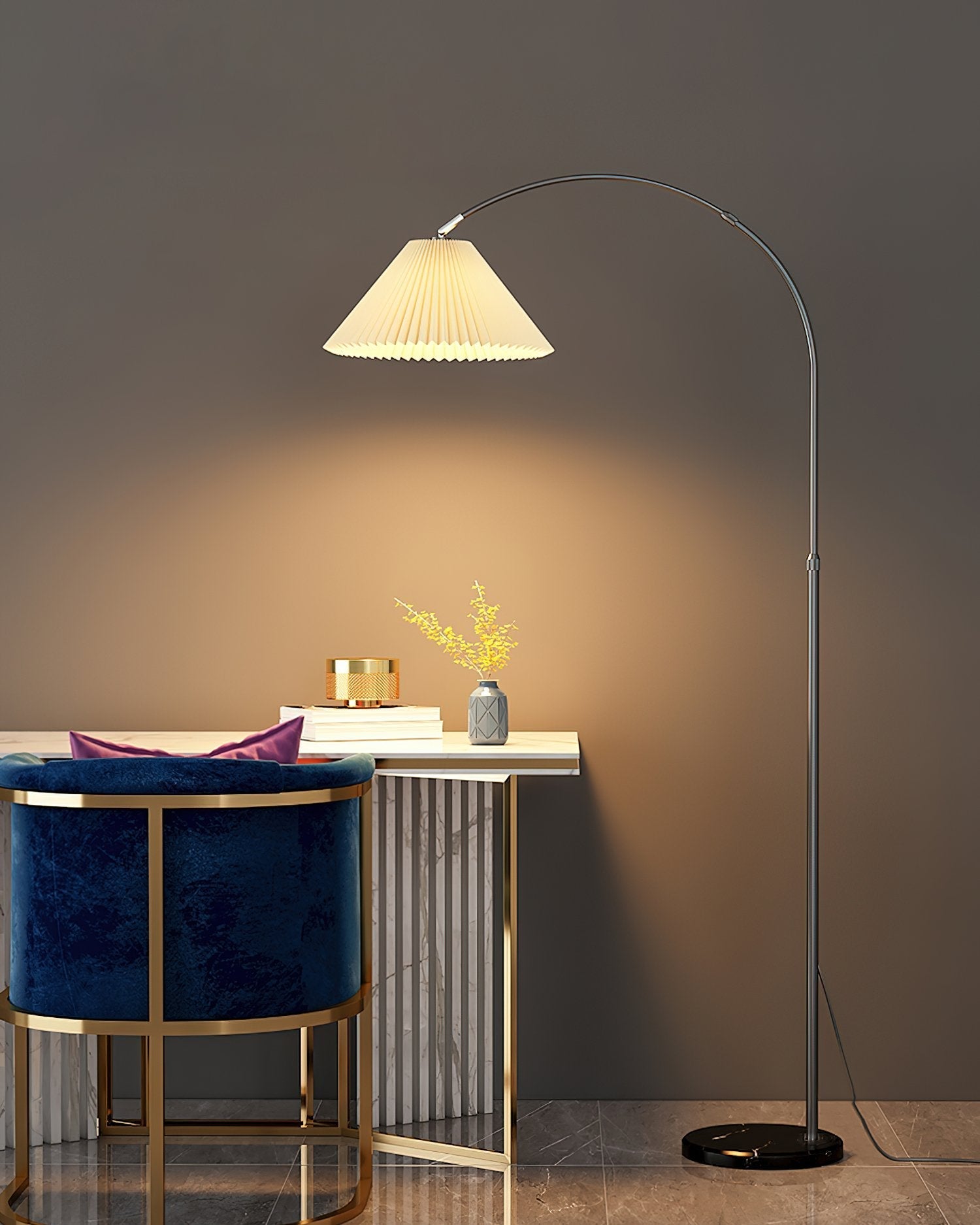 modern-arched-floor-lamp-with-pleated-white-shade-and-matte-black-metal-frame