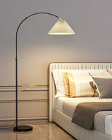 modern-arched-floor-lamp-with-pleated-white-shade-and-matte-black-metal-frame