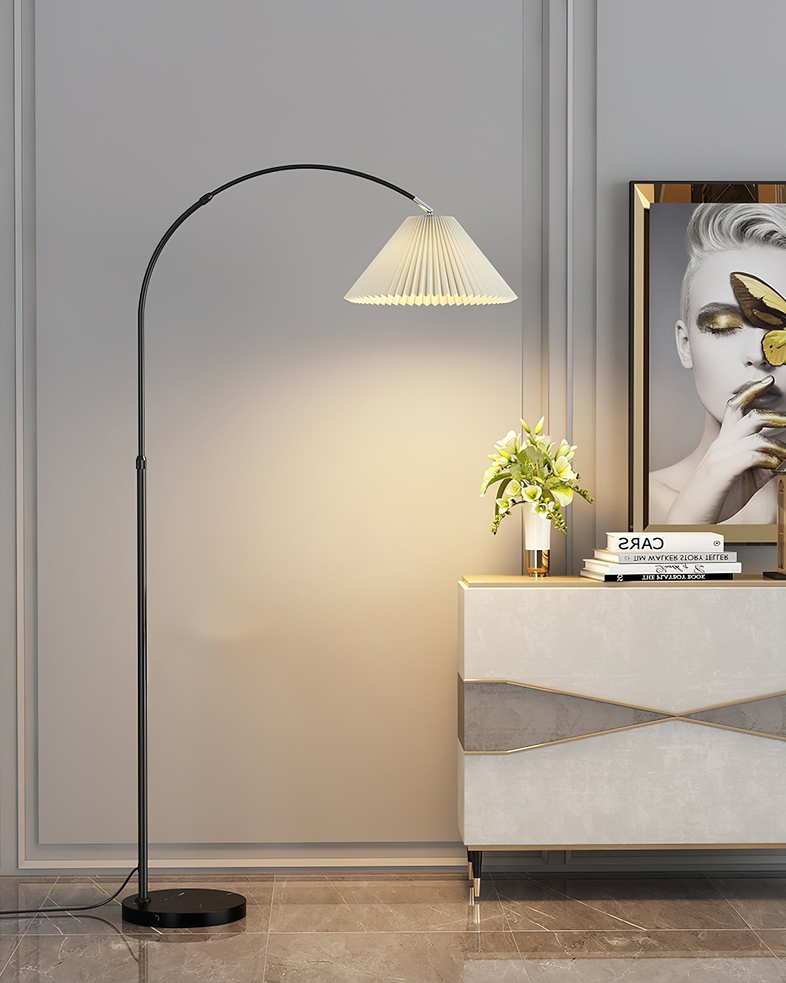 modern-arched-floor-lamp-with-pleated-white-shade-and-matte-black-metal-frame