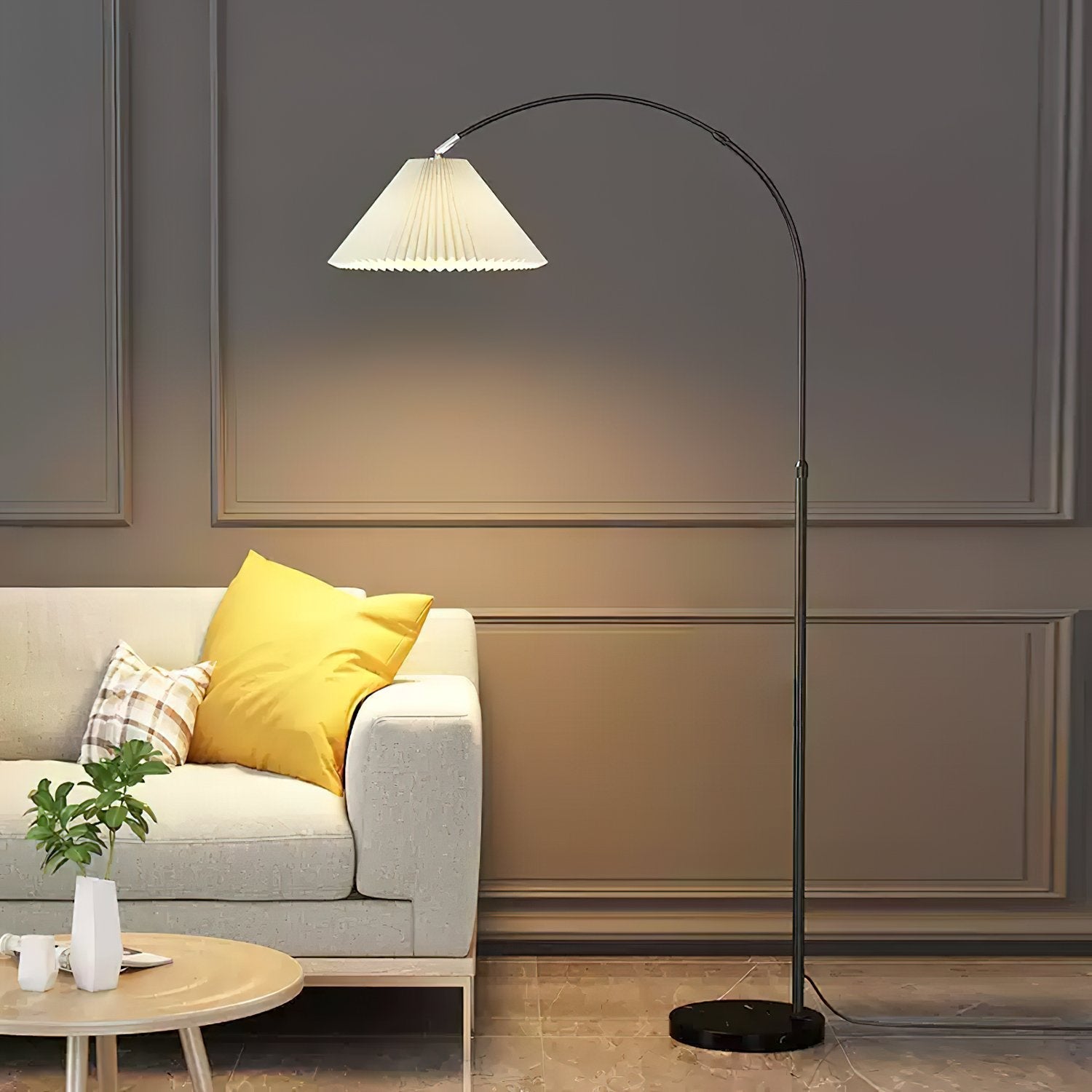 modern-arched-floor-lamp-with-pleated-white-shade-and-matte-black-metal-frame