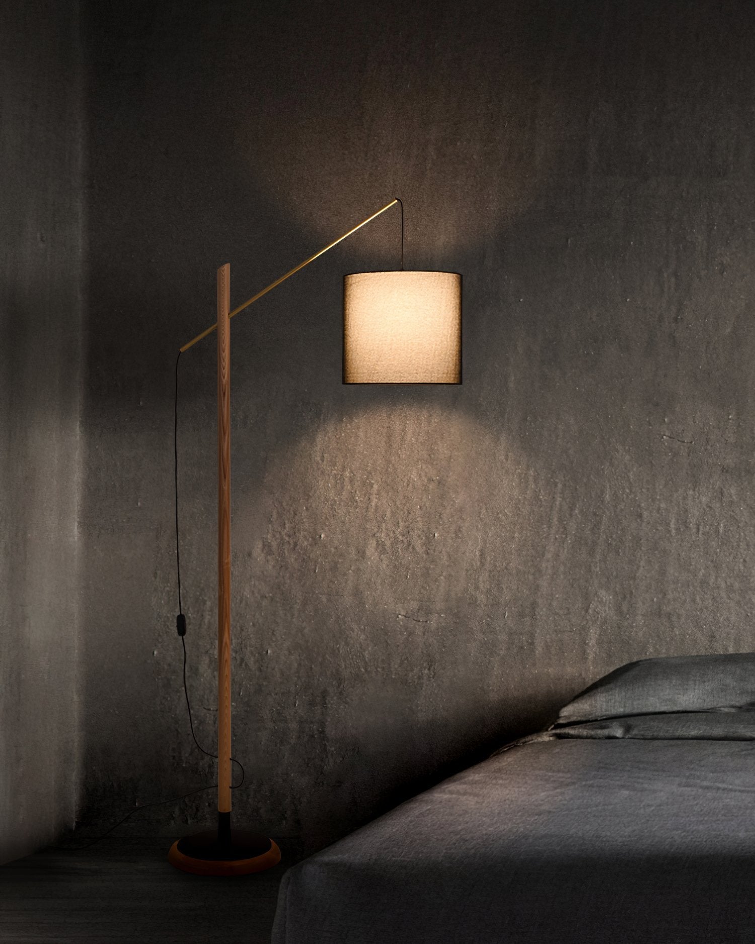mid-century-modern-walnut-wood-arched-floor-lamp-with-fabric-drum-shade-standing-light