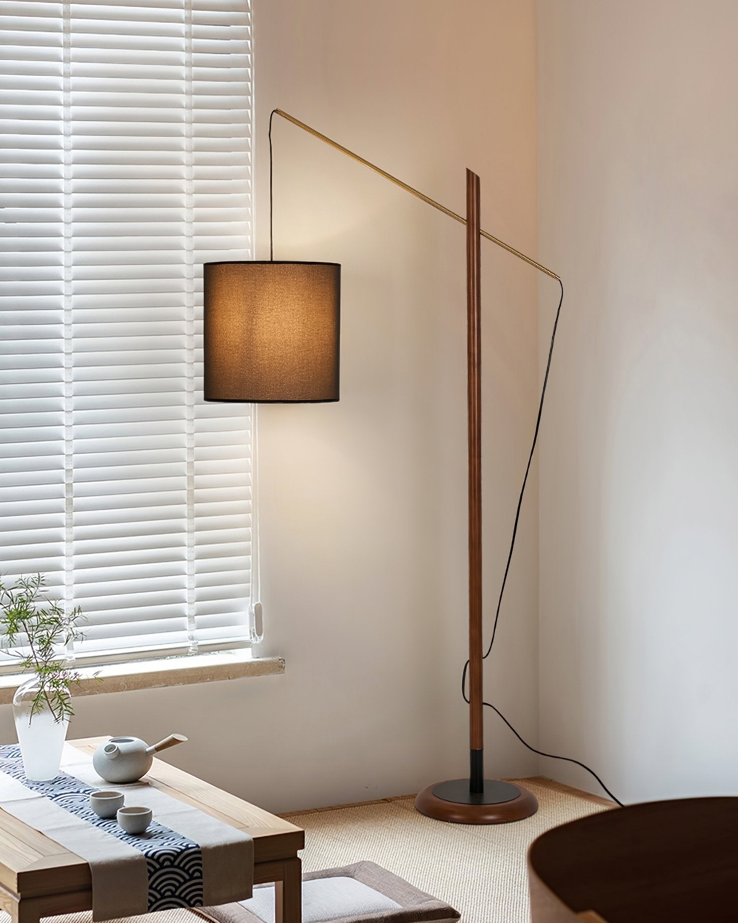 mid-century-modern-walnut-wood-arched-floor-lamp-with-fabric-drum-shade-standing-light