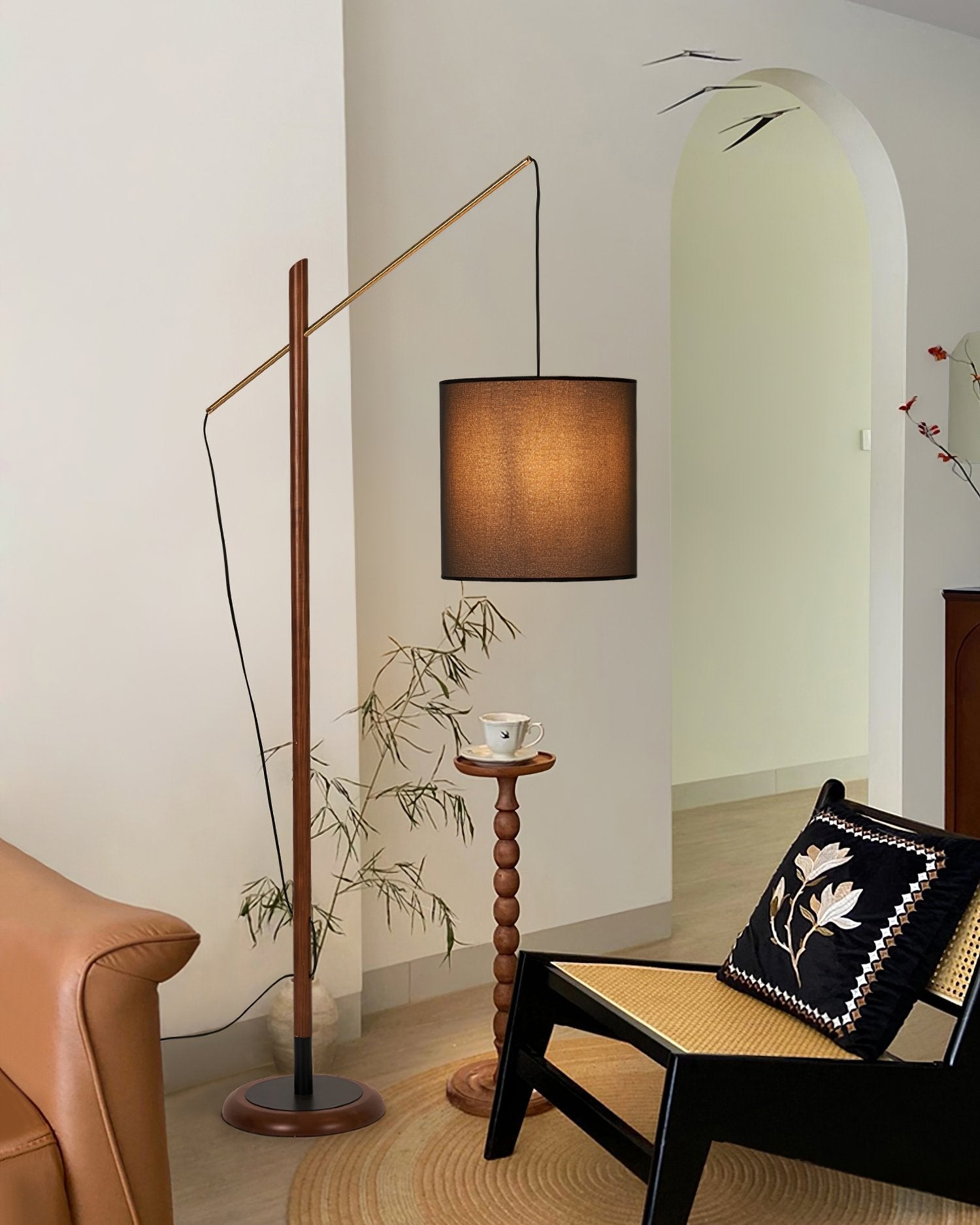 mid-century-modern-walnut-wood-arched-floor-lamp-with-fabric-drum-shade-standing-light