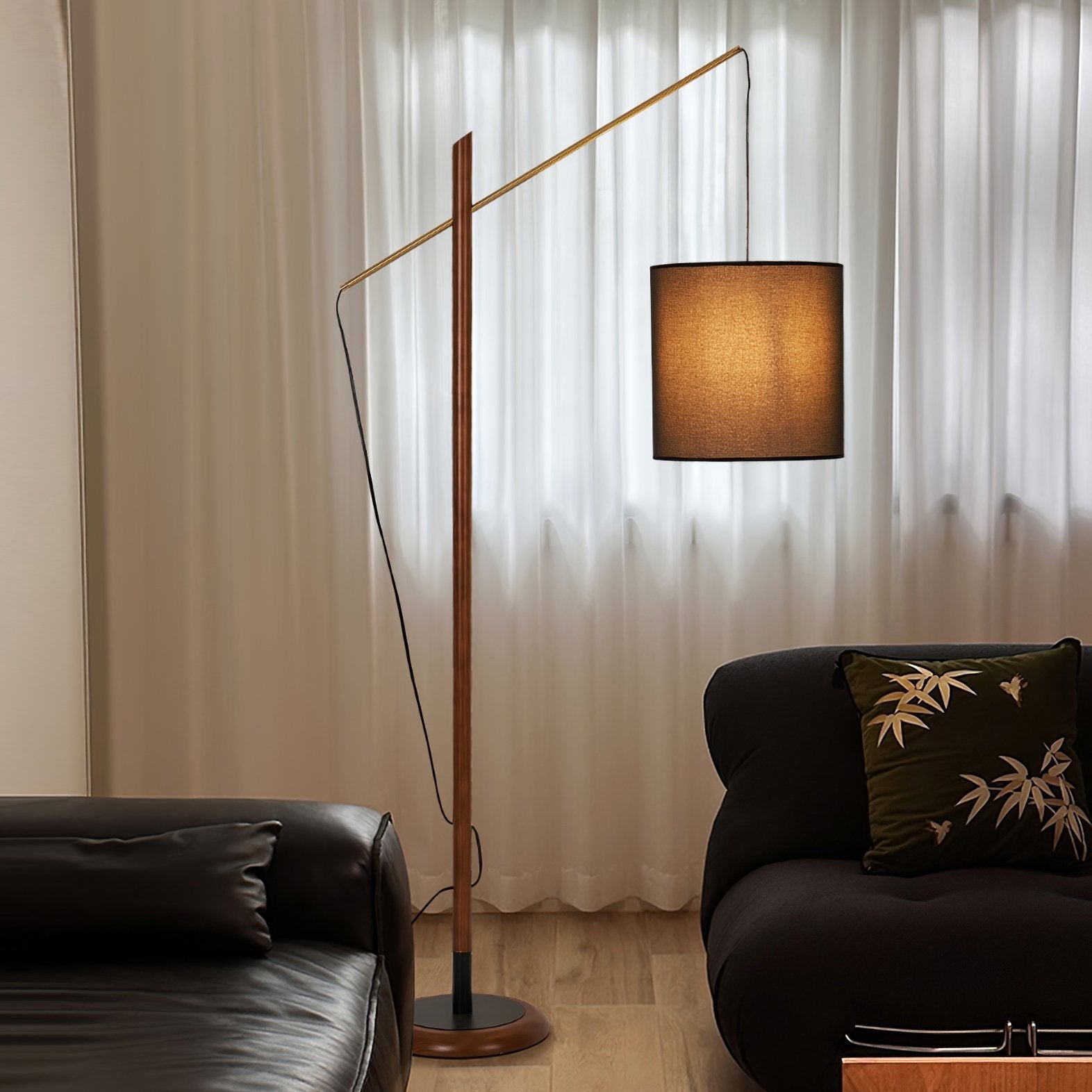 mid-century-modern-walnut-wood-arched-floor-lamp-with-fabric-drum-shade-standing-light