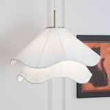 white-pleated-fabric-plug-in-pendant-light-gold-hardware-elegant-floral-hanging-lamp