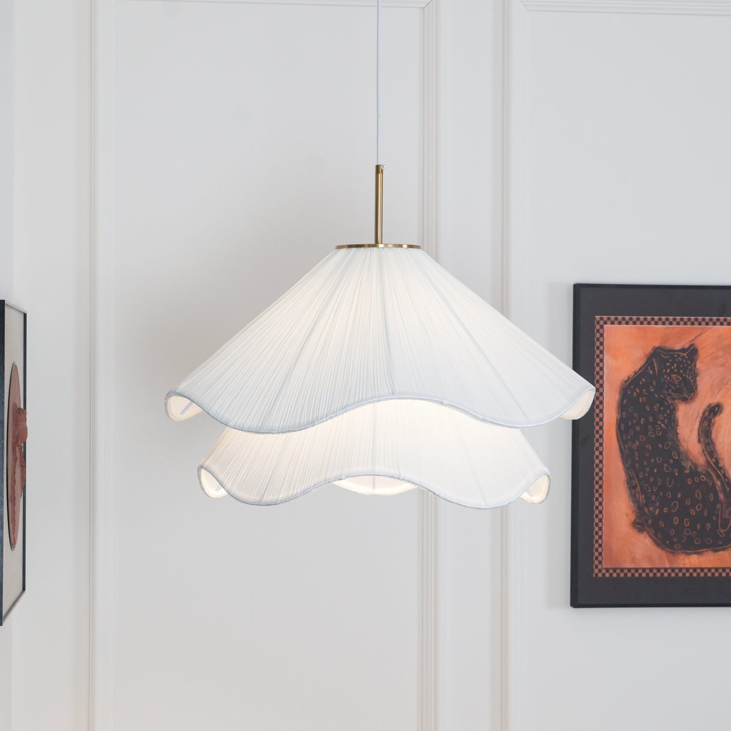 white-pleated-fabric-plug-in-pendant-light-gold-hardware-elegant-floral-hanging-lamp