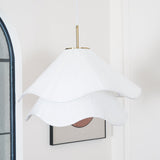 white-pleated-fabric-plug-in-pendant-light-gold-hardware-elegant-floral-hanging-lamp