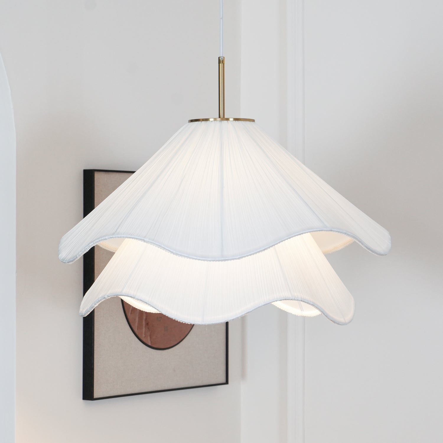 white-pleated-fabric-plug-in-pendant-light-gold-hardware-elegant-floral-hanging-lamp