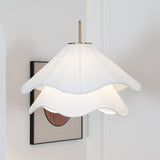 white-pleated-fabric-plug-in-pendant-light-gold-hardware-elegant-floral-hanging-lamp