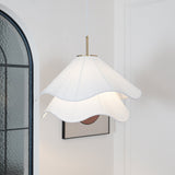 white-pleated-fabric-plug-in-pendant-light-gold-hardware-elegant-floral-hanging-lamp