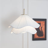 white-pleated-fabric-plug-in-pendant-light-gold-hardware-elegant-floral-hanging-lamp