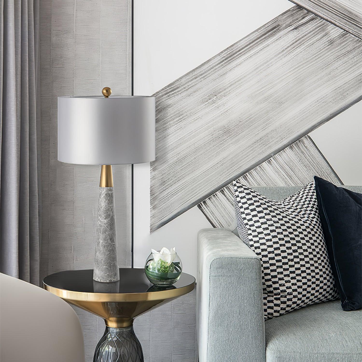 Modern Marble Table Lamp with Slate Grey Fabric Shade and Gold Metal Finish for Bedroom and Living Room
