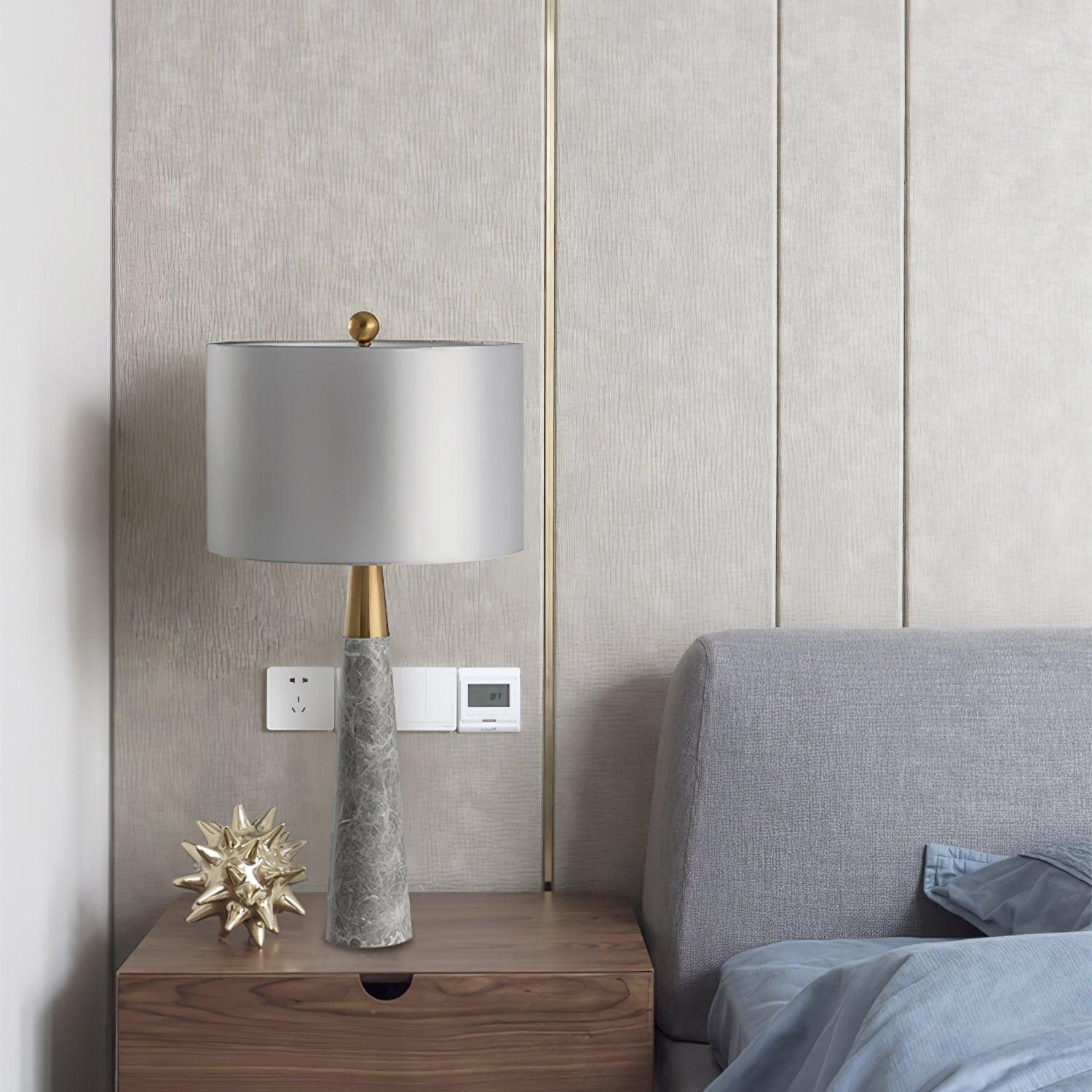 Modern Marble Table Lamp with Slate Grey Fabric Shade and Gold Metal Finish for Bedroom and Living Room
