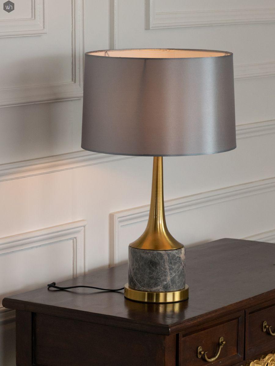Modern Marble Table Lamp with Slate Grey Fabric Shade and Gold Metal Finish for Bedroom and Living Room