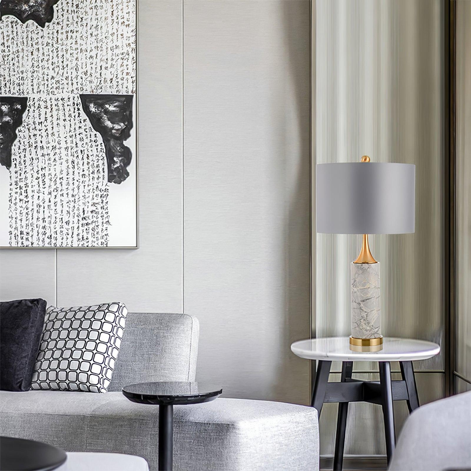 Modern Marble Table Lamp with Slate Grey Fabric Shade and Gold Metal Finish for Bedroom and Living Room