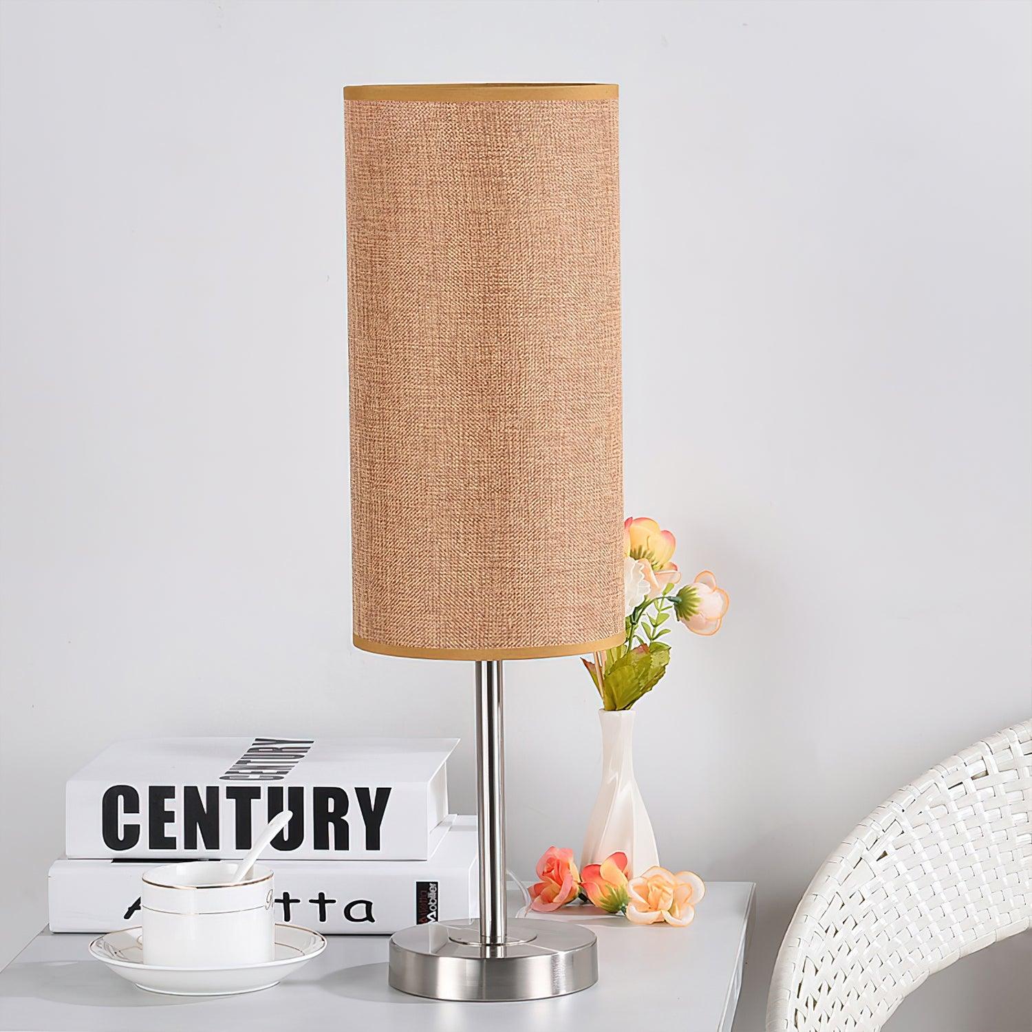 Modern Linen Fabric Bedside Table Lamp with Round Iron Base for Home Decor