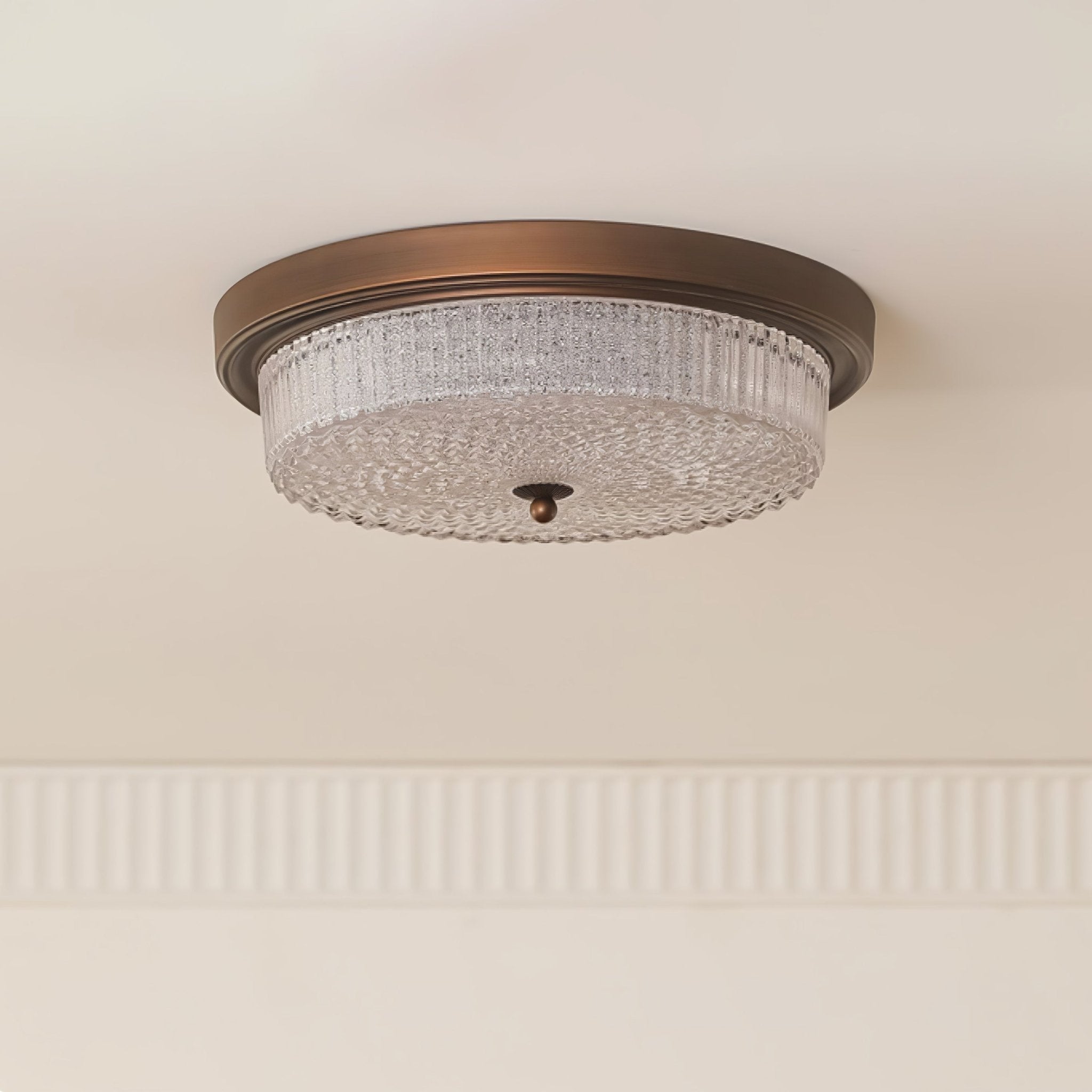 Fabula Flush Mount Ceiling Light Vintage Bronze American Style Fixture with Antiqued Glass