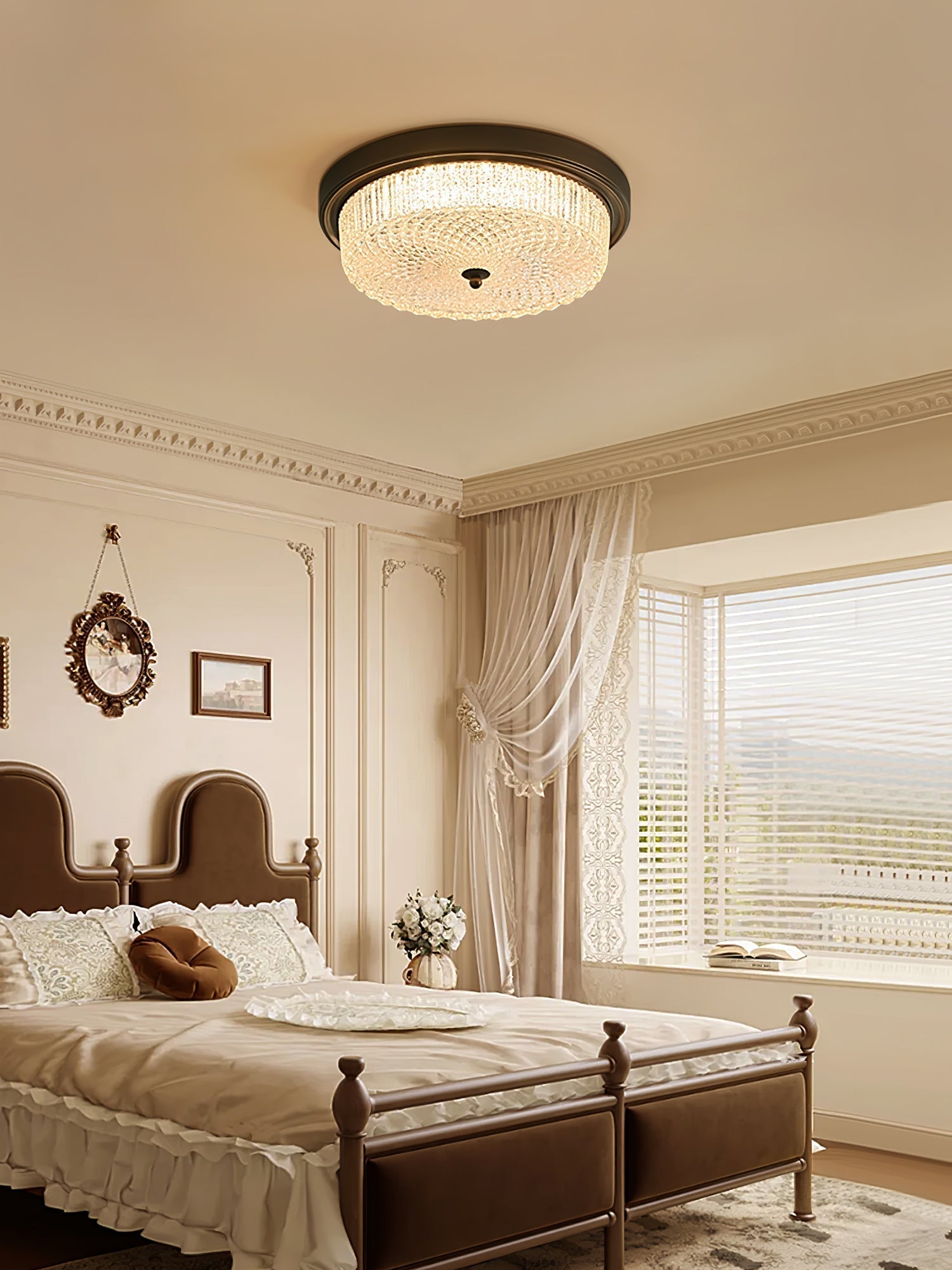 Fabula Flush Mount Ceiling Light Vintage Bronze American Style Fixture with Antiqued Glass