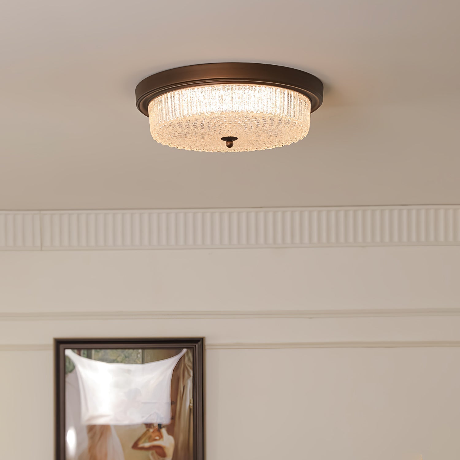 Fabula Flush Mount Ceiling Light Vintage Bronze American Style Fixture with Antiqued Glass