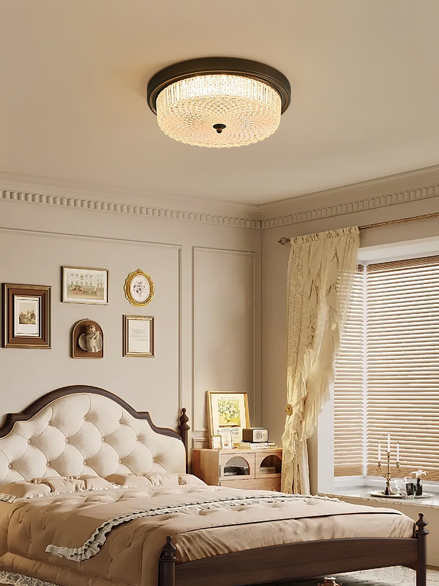 Fabula Flush Mount Ceiling Light Vintage Bronze American Style Fixture with Antiqued Glass