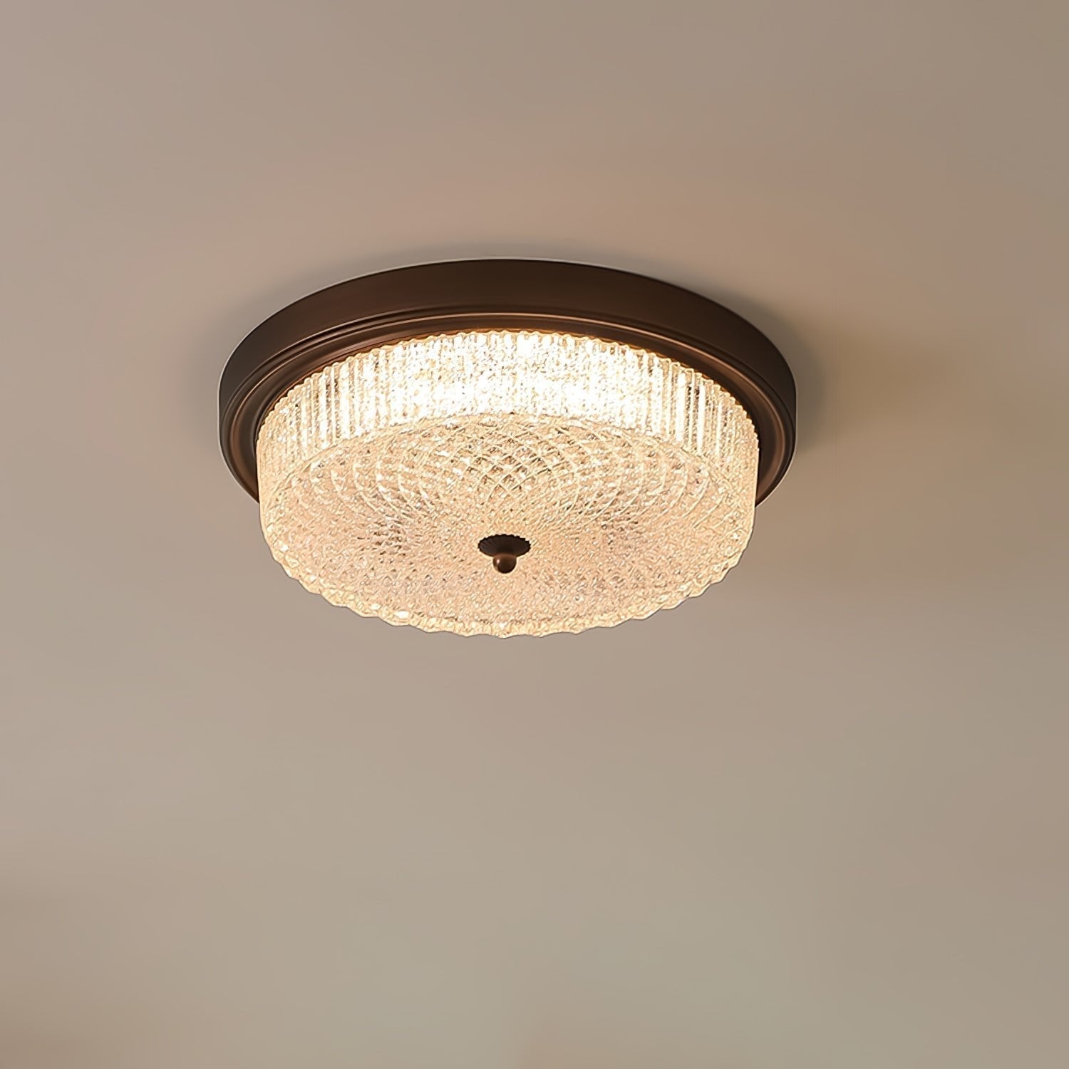 Fabula Flush Mount Ceiling Light Vintage Bronze American Style Fixture with Antiqued Glass