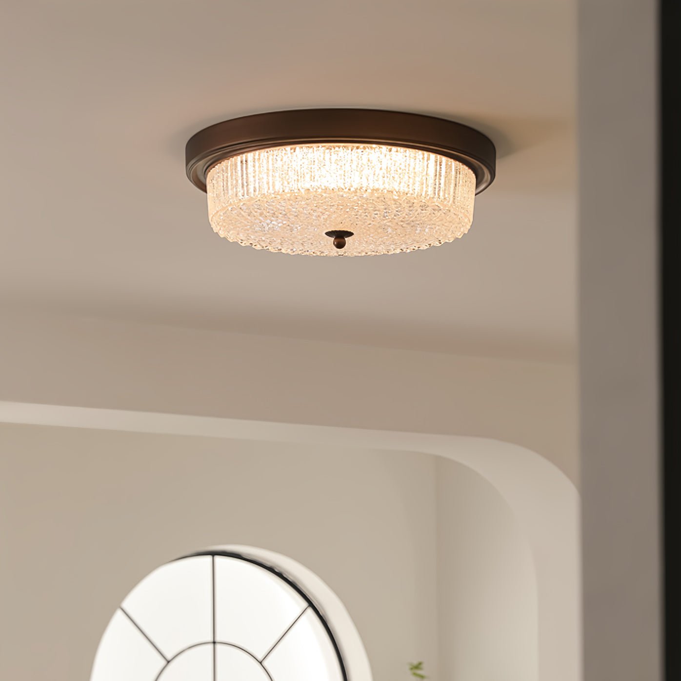 Fabula Flush Mount Ceiling Light Vintage Bronze American Style Fixture with Antiqued Glass