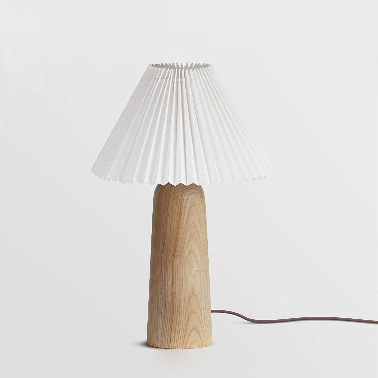 Pleated Fabric Shade Table Lamp with Wooden Base Modern Bedside Light for Living Room