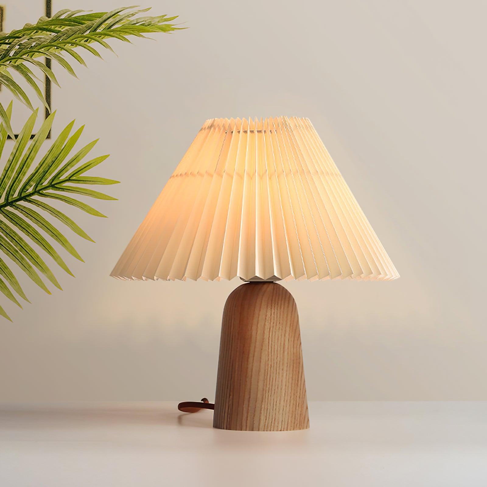 Pleated Fabric Shade Table Lamp with Wooden Base Modern Bedside Light for Living Room