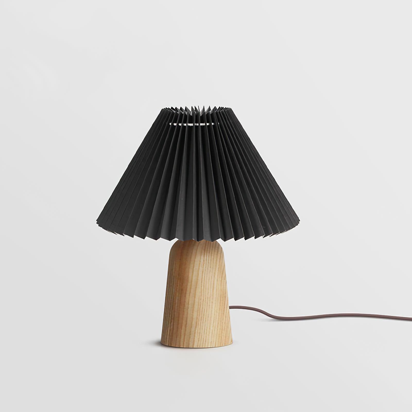 Pleated Fabric Shade Table Lamp with Wooden Base Modern Bedside Light for Living Room