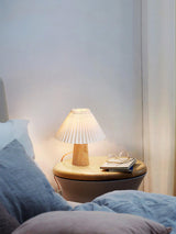 Pleated Fabric Shade Table Lamp with Wooden Base Modern Bedside Light for Living Room