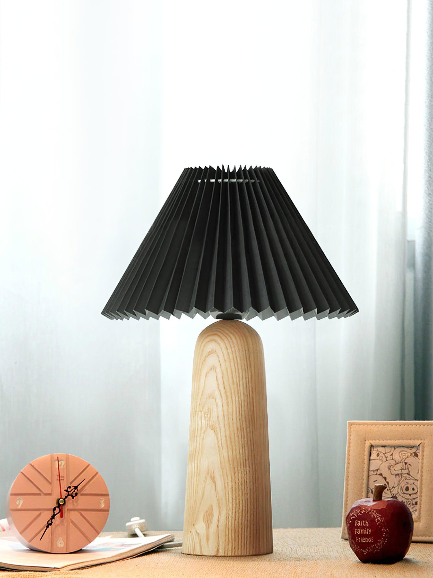 Pleated Fabric Shade Table Lamp with Wooden Base Modern Bedside Light for Living Room