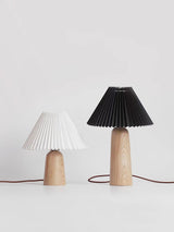 Pleated Fabric Shade Table Lamp with Wooden Base Modern Bedside Light for Living Room