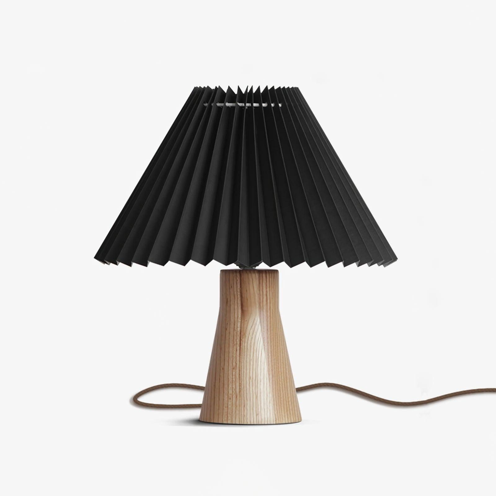 Pleated Fabric Shade Table Lamp with Wooden Base Modern Bedside Light for Living Room