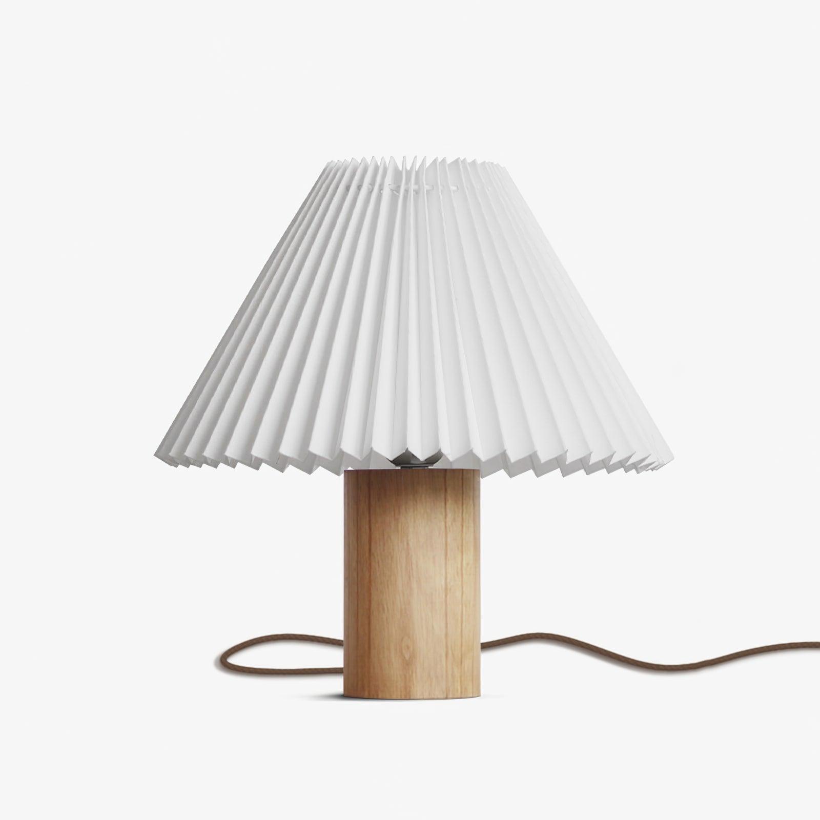Pleated Fabric Shade Table Lamp with Wooden Base Modern Bedside Light for Living Room