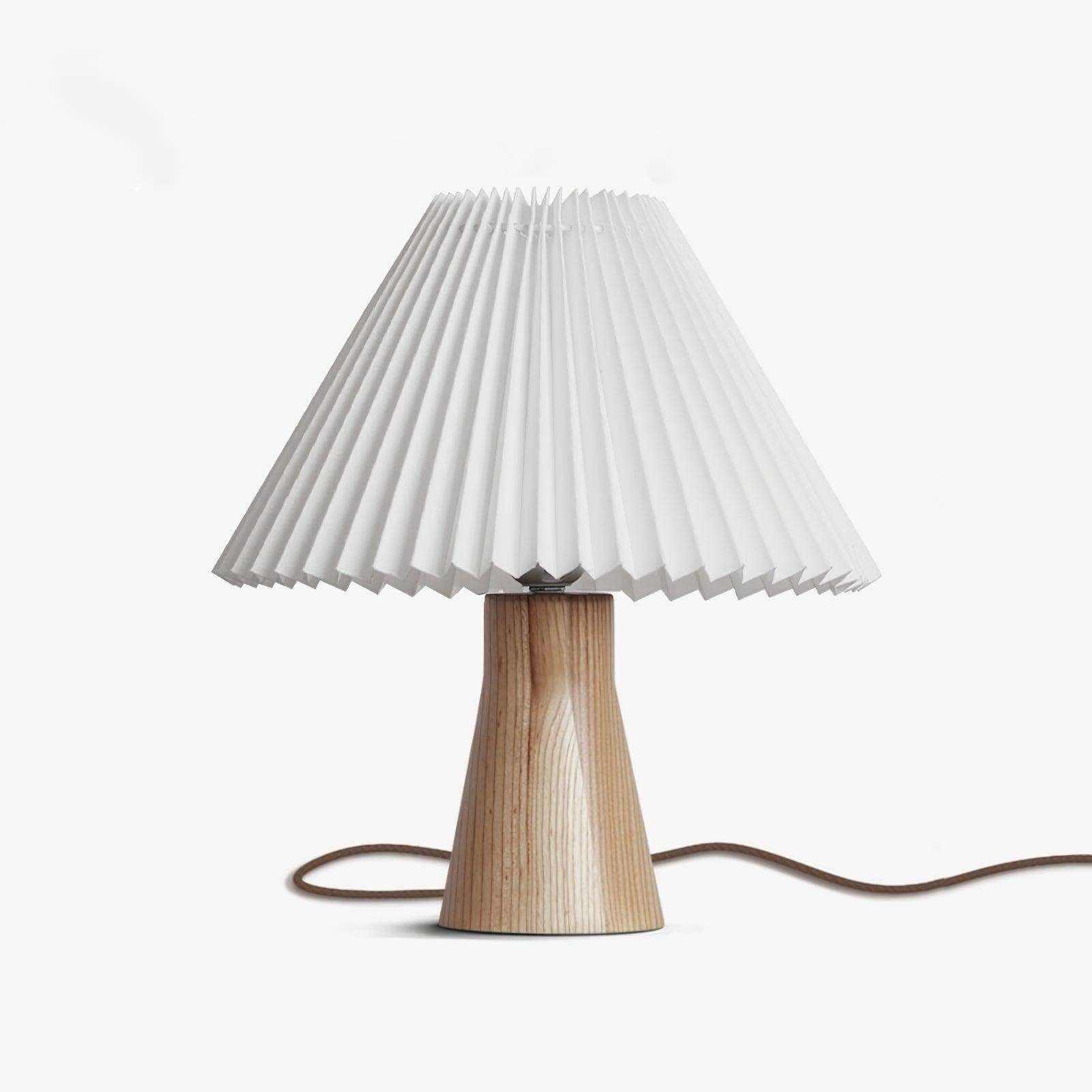 Pleated Fabric Shade Table Lamp with Wooden Base Modern Bedside Light for Living Room