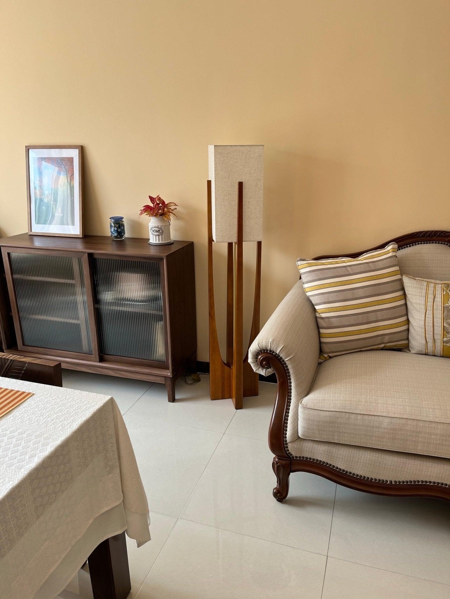 Modern Fairbanks Standing Lamp with Ash Wood Frame and White Fabric Shade