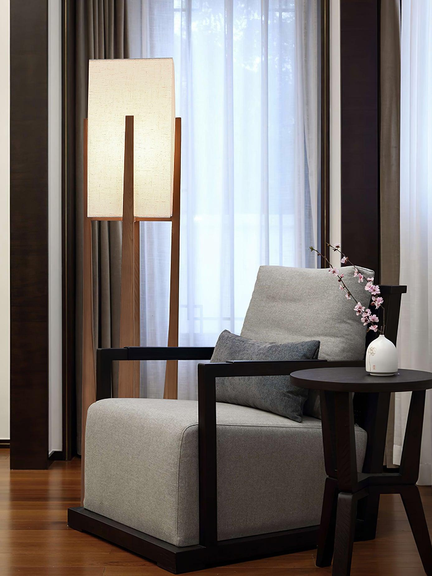 Modern Fairbanks Standing Lamp with Ash Wood Frame and White Fabric Shade