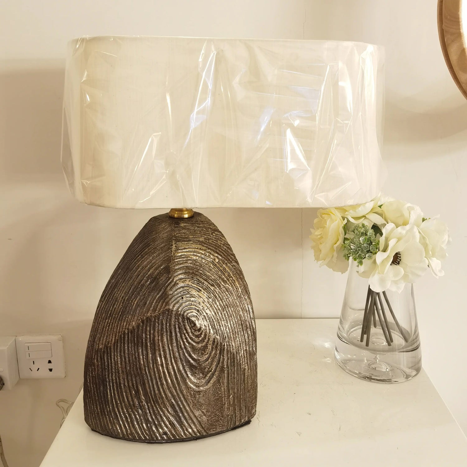 Faro Modern Geometric Table Lamp with Abaca Fabric Shade and Black Resin Base