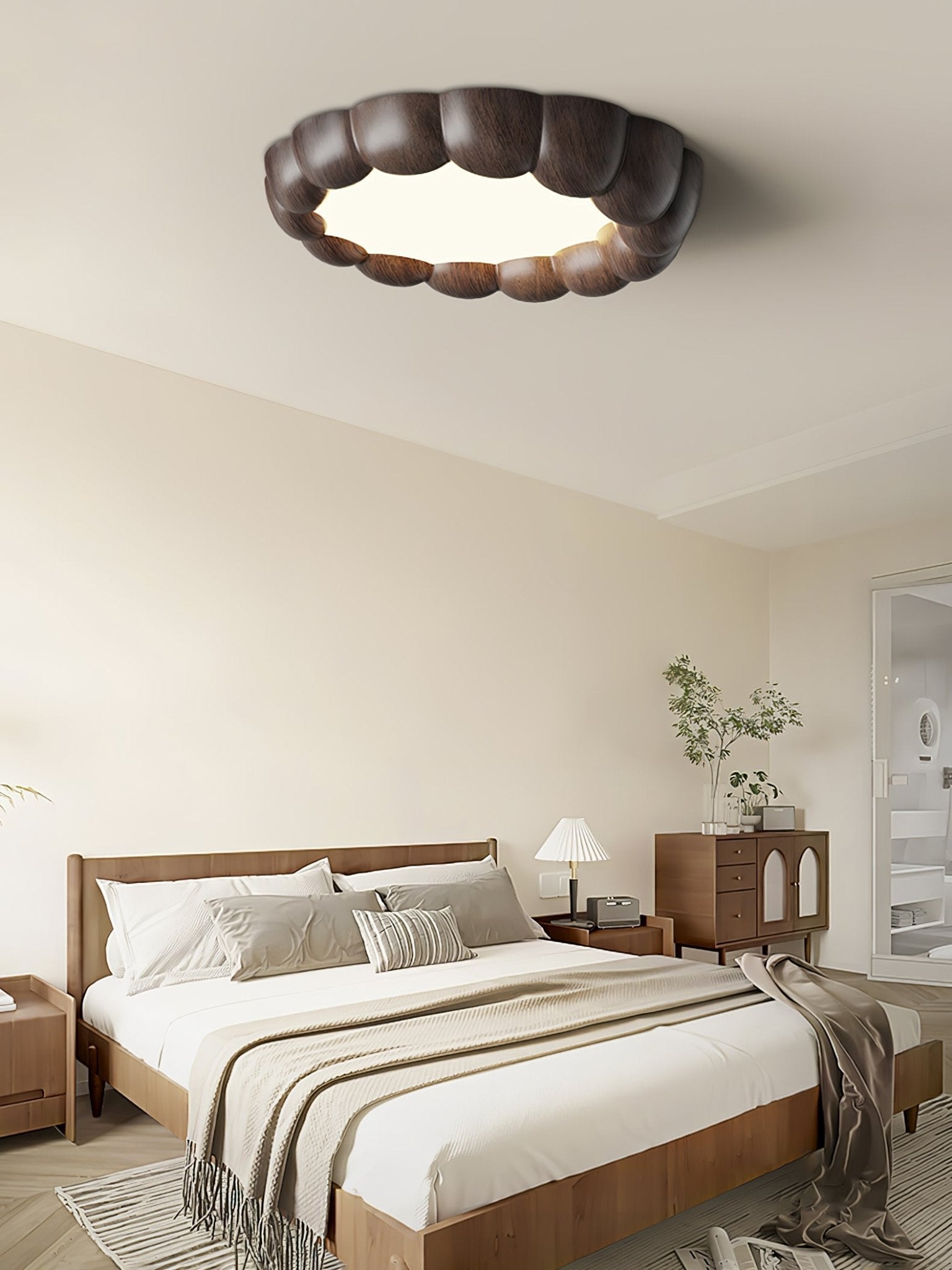 Modern Walnut Wood Grain Ripple Flush Mount LED Ceiling Light Fixture