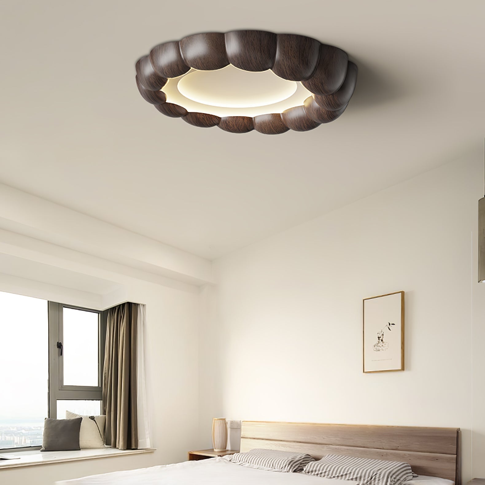 Modern Walnut Wood Grain Ripple Flush Mount LED Ceiling Light Fixture
