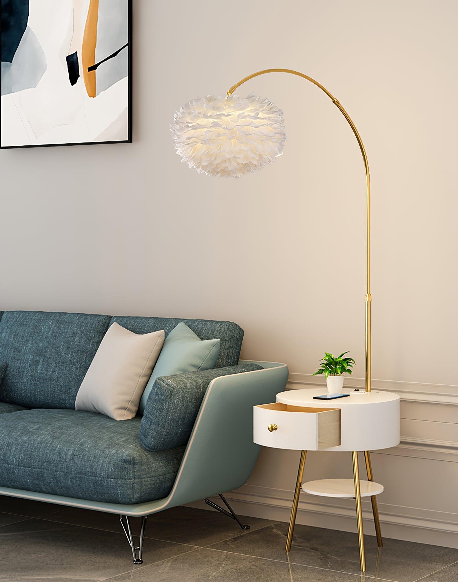 Modern Feather Floor Lamp with Storage Drawer and White Marble Base
