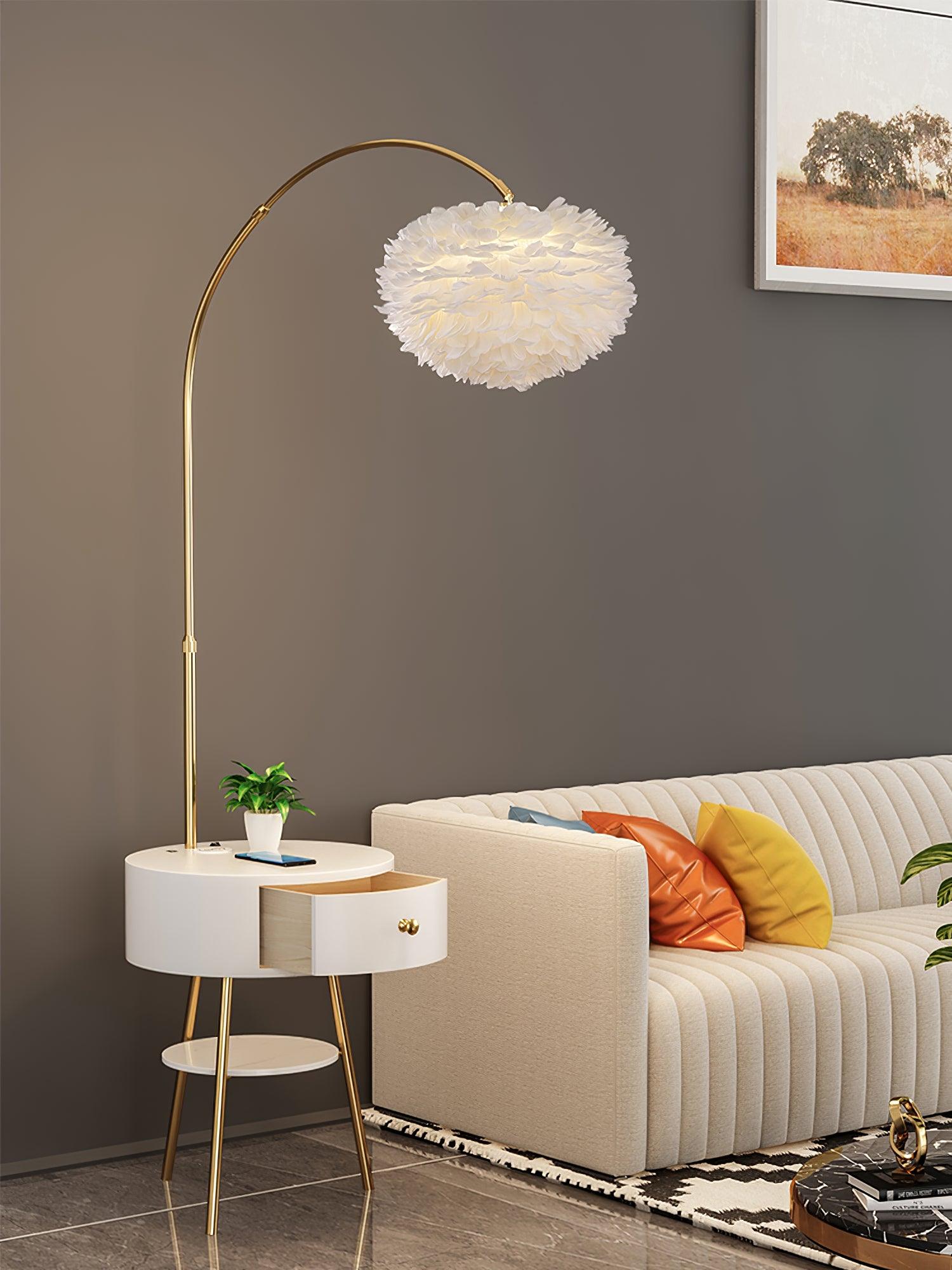 Modern Feather Floor Lamp with Storage Drawer and White Marble Base