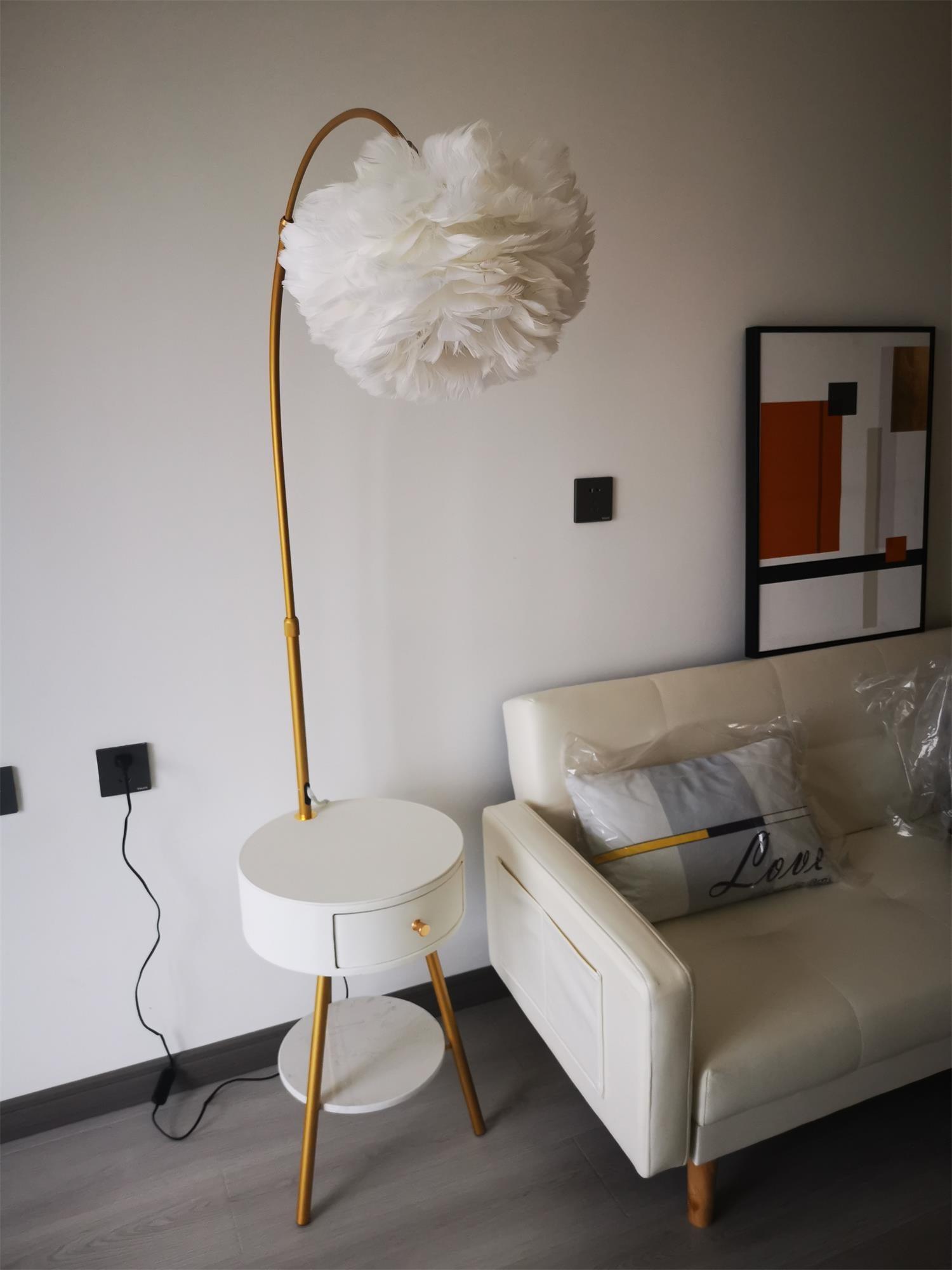 Modern Feather Floor Lamp with Storage Drawer and White Marble Base