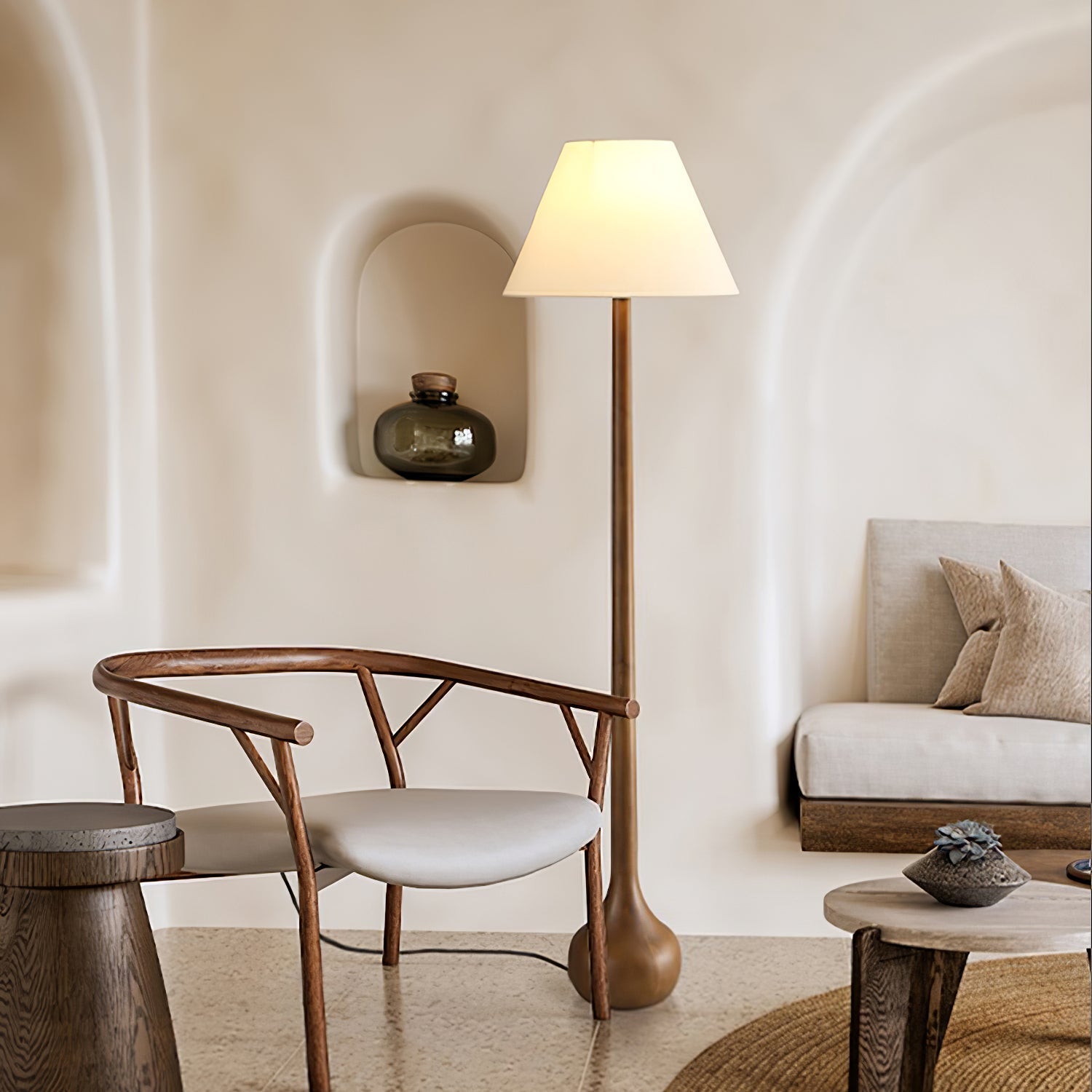 Elegant Solid Wood Uplight Floor Lamp with Fabric Shade and Metal Accents