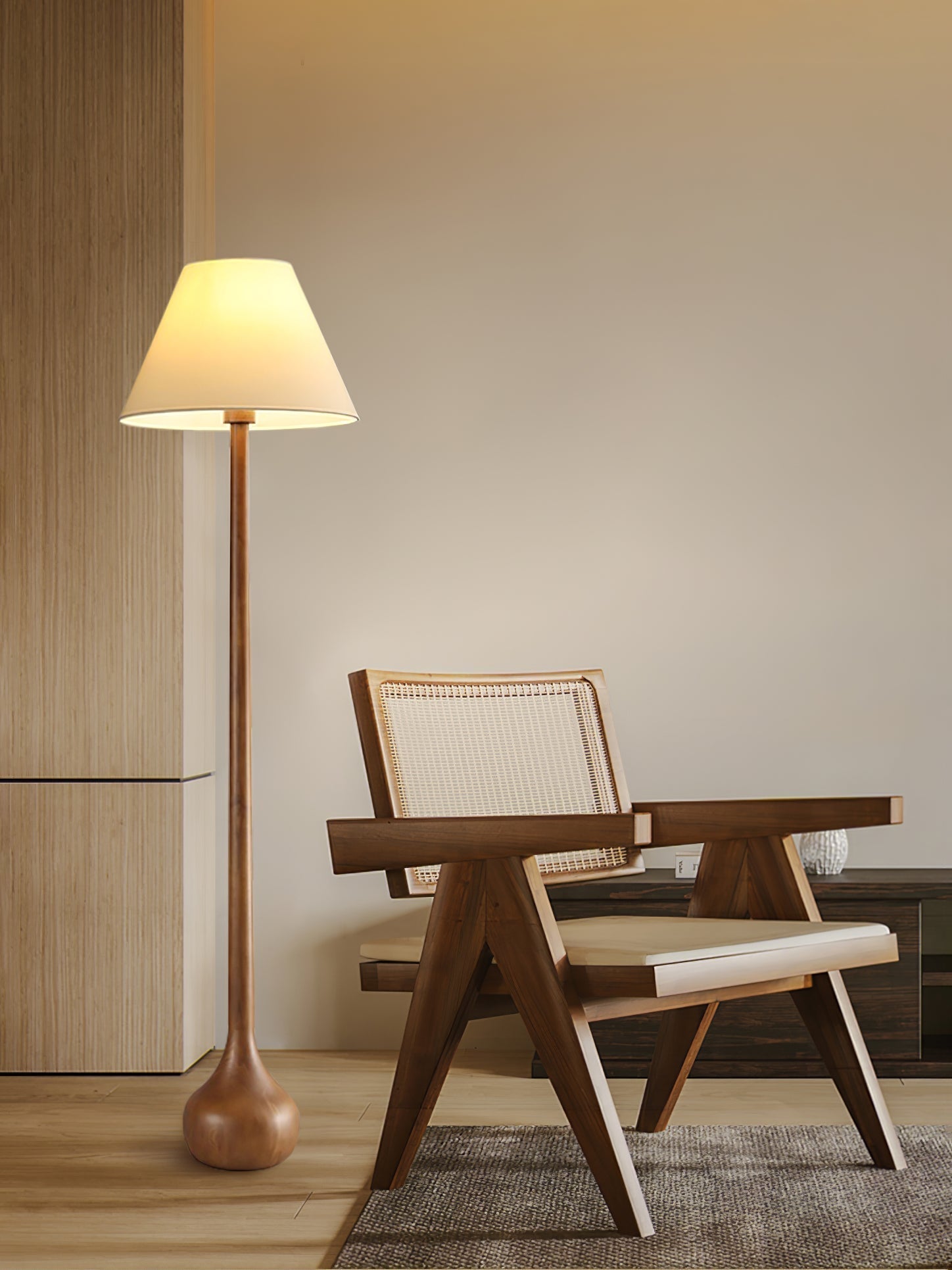 Elegant Solid Wood Uplight Floor Lamp with Fabric Shade and Metal Accents