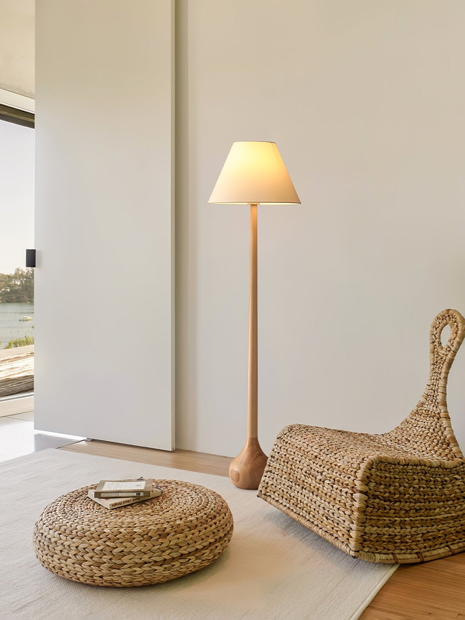 Elegant Solid Wood Uplight Floor Lamp with Fabric Shade and Metal Accents
