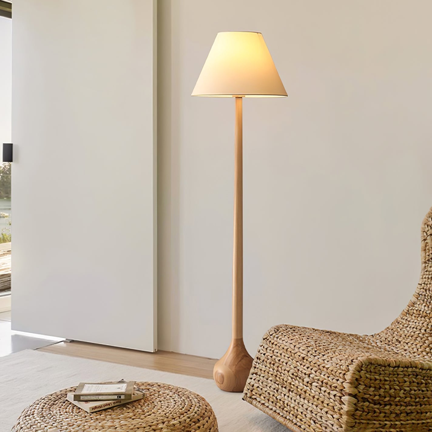 Elegant Solid Wood Uplight Floor Lamp with Fabric Shade and Metal Accents
