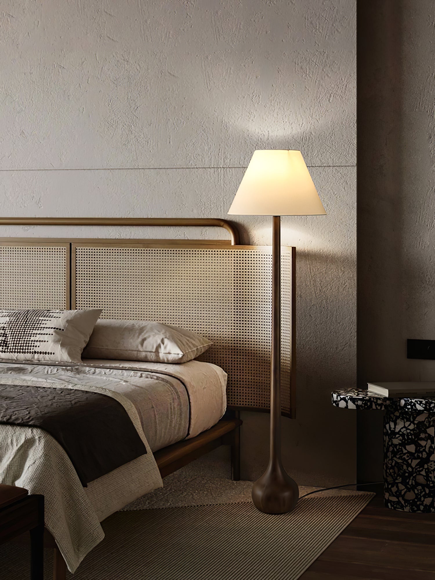 Elegant Solid Wood Uplight Floor Lamp with Fabric Shade and Metal Accents