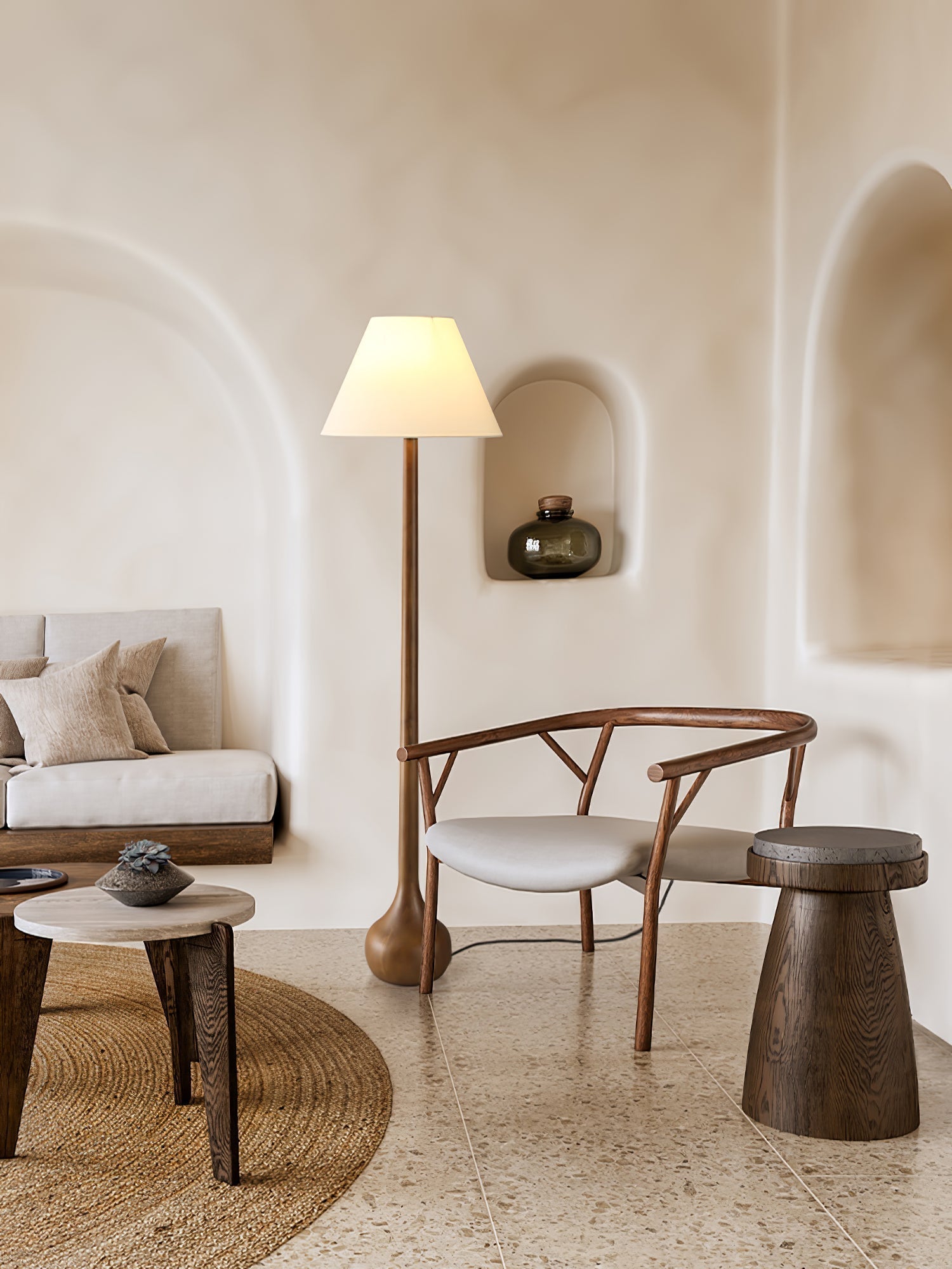 Elegant Solid Wood Uplight Floor Lamp with Fabric Shade and Metal Accents